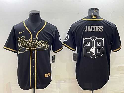 Mens Las Vegas Raiders #28 Josh Jacobs Black Gold Team Big Logo With Patch Cool Base Stitched Baseball Jersey->las vegas raiders->NFL Jersey